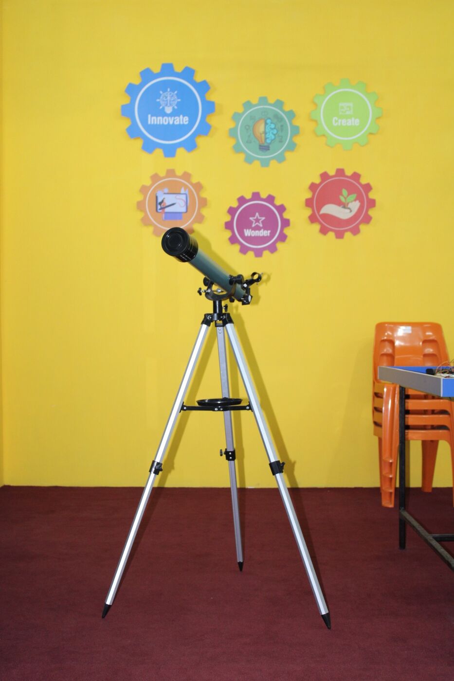 Telescope set up in the astronomy corner of the activity room