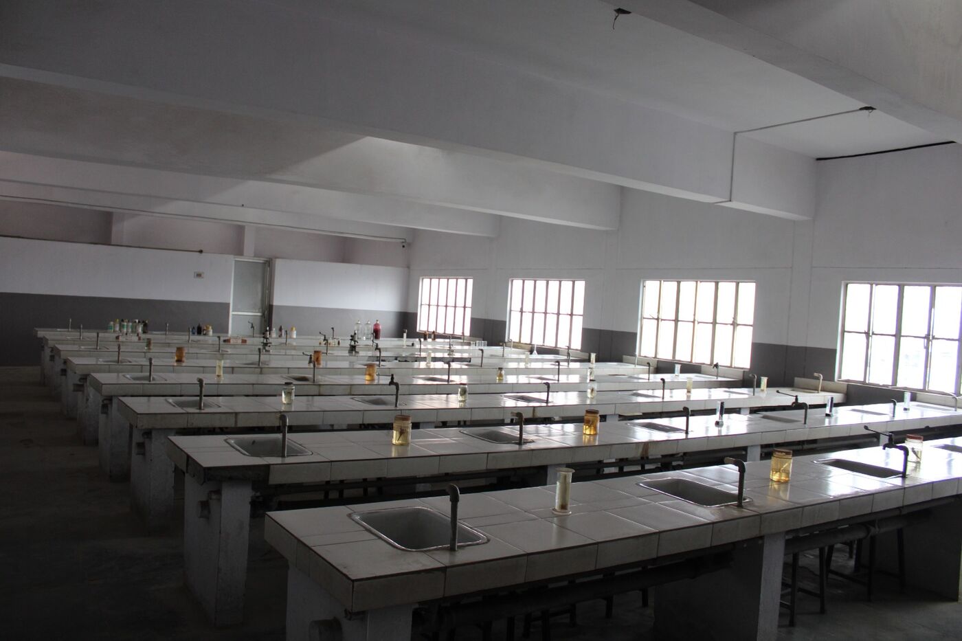 Science laboratory with long working benches, sinks and gas taps